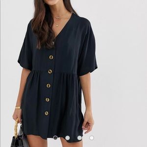 ASOS DESIGN v neck button through mini smock dress in black NWT